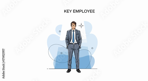 Standing key employee wearing suit and tie with his hands in pockets against abstract shapes. Confident key employee is ready to take on corporate challenges with steady gaze and powerful stance.