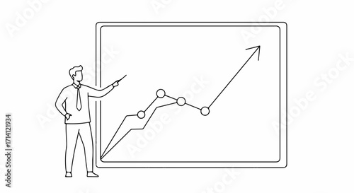 Business chart presents upward progress, as shown by man giving presentation. Business chart depicts increasing sales and positive financial figures, suggesting business chart success for company.