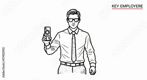 Man holding smartphone sketch style presents app with mobile technology, standing and showing its screen, enfatizando sus caracteristicas y beneficios para los negocios.