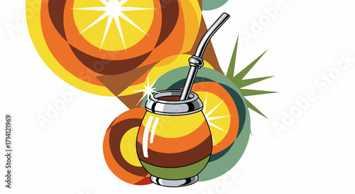 Illustration of mate tea in traditional cup with bombilla, graphic style image: Illustration of mate tea with a traditional cup featuring bombilla in graphic style,