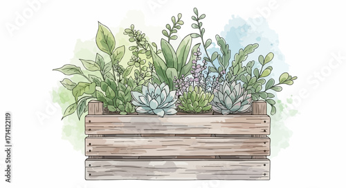 Garden plants in rustic wooden crate create a tranquil scene, rasteniya sada v derevyannom yashchike sozdaiut spokoinuiu stsen, featuring succulents, ferns, and greenery.