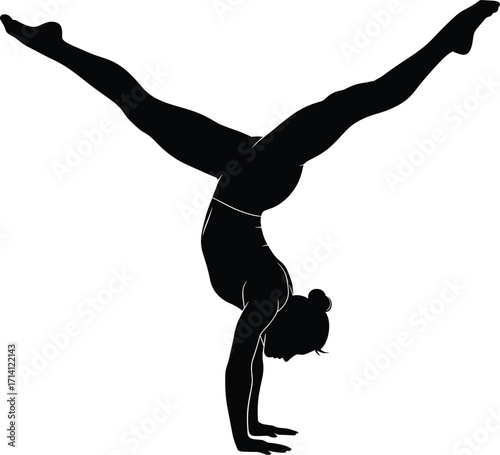 Silhouette of person in handstand split pose, athletic balance and flexibility illustration, gymnastics or yoga movement artwork, black vector icon