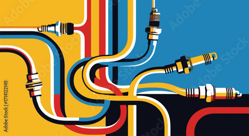 Abstract automotive spark plugs with colorful wires creating intriguing visual. Abstract automotive spark plugs and wiring emphasize engine technology.