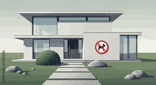 Modern house illustration with flat roof and square architecture. Modern house facade features minimalist design, clean lines and geometric windows.