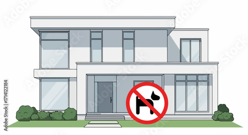 No pets allowed sign on modern house. Contemporary suburban home with no pets allowed policy. Image shows modern house architecture and no pets allowed sign.