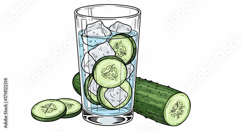 Refreshing cucumber water with ice cubes in tall glass for summer beverage. Cucumber water with fresh slices quenches thirst and is healthy, tasty.