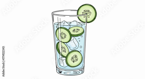 Refreshing cucumber water in glass with ice cubes, a thirst-quenching beverage. Cucumber water is a healthy hydrating drink, a fresh drink for hot summer days with sliced cucumbers.