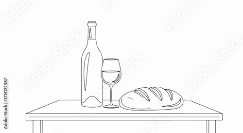Minimalist wine and bread still life, elegant wine and bread outline on table. Wine and bread illustration presents a simple yet refined composition, emphasizing clean lines and form.