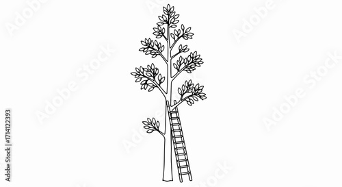 Tree pruning illustration on white for yard work or yard maintenance, ladder leaning against tree.