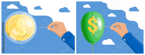 Man hand with needle about to burst a dollar coin in a bubble and a dollar balloon. Financial collapse or crisis.
