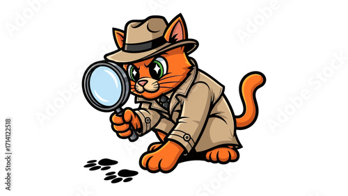 Detective Cat on a Case: A cartoon detective cat in a trench coat and fedora hat uses a magnifying glass to examine clues, embodying intelligence, mystery, and pursuit of truth.