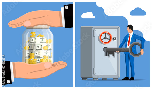 Flat style vector illustration of hands holding glass jar with money and man with key near safe. Saving and protecting finance concept.