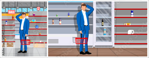 Confused man with shopping basket in empty supermarket shelves. Grocery store with no products and sale sign. Crisis and shortage concept.