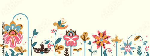 Floral Background. Banner decorated blooming flowers and leaves. Flat folk art style. Abstract Plants with patterns and dots. Spring, Easter, Summer theme.