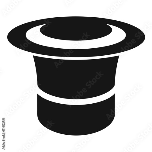Black silhouette of a classic top hat with a white band and brim detail on a white background Keywords: top hat, silhouette, black, white, band, brim, classic, formal, headwear, accessory, object
