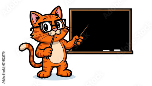 Clever Cat Teaches Lesson: A charming cartoon cat, complete with glasses and a pointer, stands before a blank chalkboard, ready to share knowledge in a fun, educational setting.