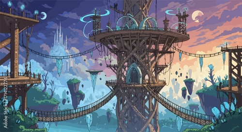 Fantasy landscape illustration displays an imaginative world with platforms and structures suspended in air, connected by bridges, presenting this fantasy landscape illustration.