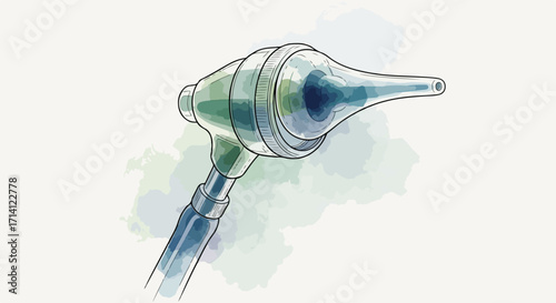 Otoscope for examination, hand-drawn medical tool. Otoscope in detail presents diagnostic equipment, a device used to examine the eardrum and external ear canal.