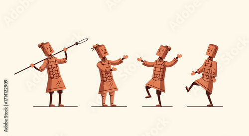Terracotta army warriors in poses. Terracotta army poses on simple background displays the beauty of ancient Chinese sculptures, showcasing various stances and postures.