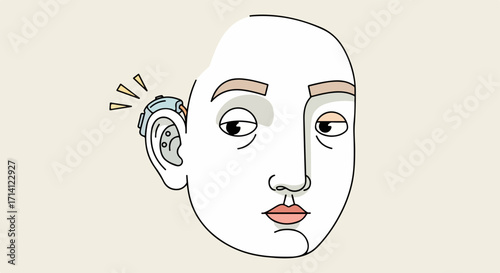 Illustration of hearing aid device on person's ear for medical assistance. Medical hearing aid equipment for ear problems, showing device components and sound waves.