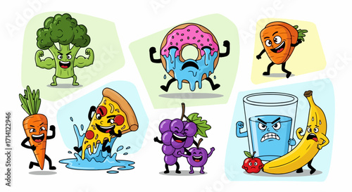 Healthy versus unhealthy food shows cute cartoon characters engaging in a playful battle. Healthy versus unhealthy food characters include broccoli, carrots, grapes, and water against pizza, donut,
