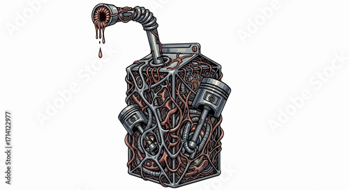 Mechanical juice box illustration featuring unique blend of metal and organic aesthetics. Mechanical juice box displays intricate details with visible engine parts and fluid dynamics.