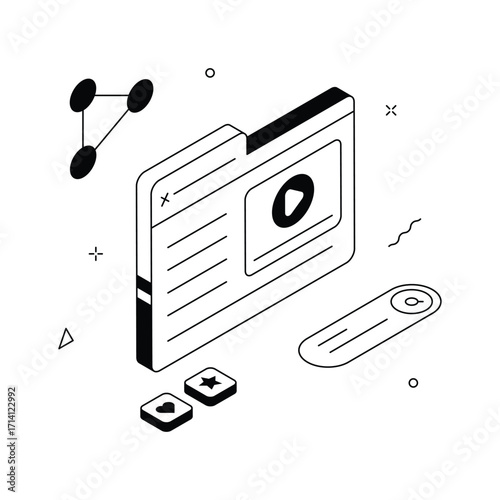 Isometric Illustration of a Webpage with Video Player and Social Media Interactions