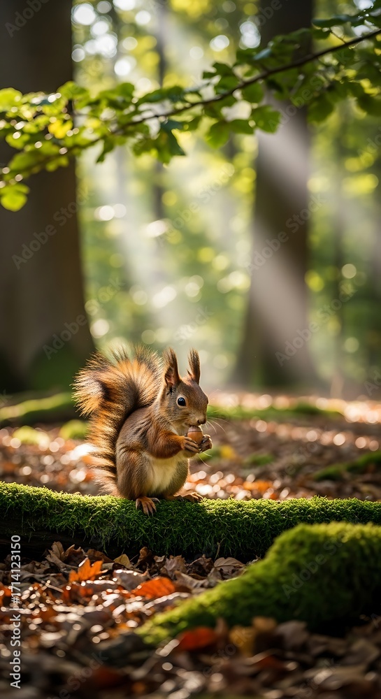 Fototapeta premium A red squirrel, perched amidst mossy forest floor, enjoys a nut in sunlit woodland.