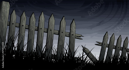 Weathered wooden fence illustration with damaged plank under a dark sky. Weathered wooden fence, a symbol of neglect, is rendered with painterly brushstrokes against an ominous sky.