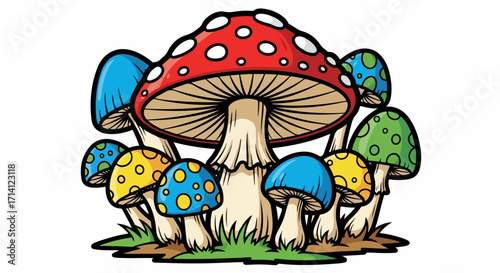 Mushroom illustration displays whimsical fungi with colorful caps on bright white backdrop. Mushroom illustration shows collection of fantasy toadstools with spots and playful colors,