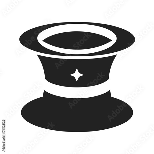 Black silhouette of a top hat with a star detail on the band and a white outlined brim on a white background Keywords: top hat, silhouette, black, white, star, band, brim, classic, formal