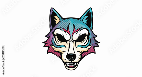 Unique animal illustration of ferocious wolf face with sharp teeth and a colorful mask. Ferocious wild animal illustration featuring geometric designs and symmetrical arrangement is eye catching.