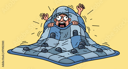 Anxiety cartoon shows person scared under weighted blanket, feeling stress and panic. Generalized anxiety can make person feel trapped, in fear, hidden under blanket to cope with panic.