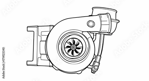 Turbocharger illustration with intricate line work on white background for automotive engineering. Detailed turbocharger design showcases components, ideal for educational materials.