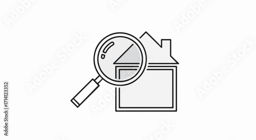Property search with magnifying glass over house outline. Property search includes finding right place, evaluating condition, and verifying legal ownership.