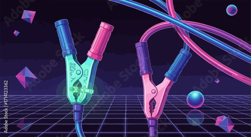 Jumper cables depicted in vibrant colors showcase automotive concept, representing electrical connection, a link in futuristic design. These Jumper cables, symbols of power and emergency assistance,