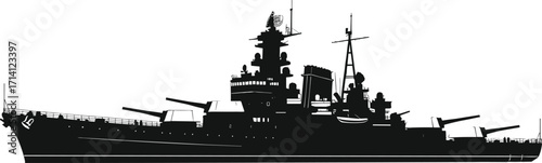 Battleship silhouette vector, military naval ship illustration, large gun turret clipart, radar antennas, black and white warship, defense vessel design