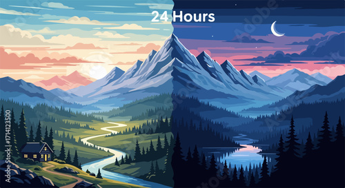 Day and night landscape showcasing mountains and forest in contrasting light and shadow, picturesque day and night landscape illustration. Mountain range details bring day and night landscape to life,