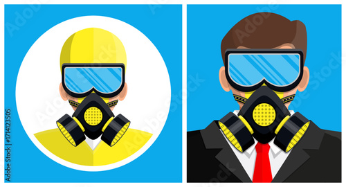 Man in hazmat suit and man in business suit both wearing respirator masks. Chemical safety and air pollution protection concept.