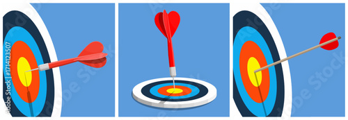 Dart hitting bulls eye on dartboard. Arrow hitting target. Business success concept. Accuracy, challenge and opportunity illustration.