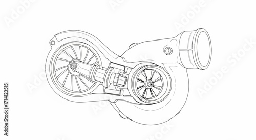 Turbocharger diagram displays engine turbocharger system technical drawing, an essential vehicle component. Detailed turbocharger visual shows turbine workings,