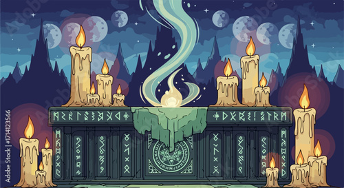 Mystical altar with burning candles and moonscape background. Enchanting scene features stone carvings and ancient books. Mystical altar perfect for fantasy art, game design, or book cover.