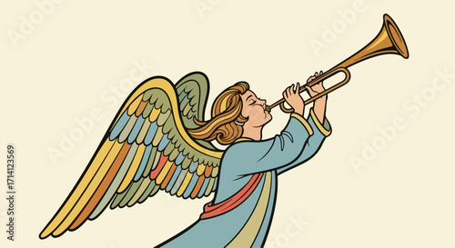 Angel blowing trumpet in vintage illustration style, depicting religious messenger playing musical instrument. Angel with trumpet represents faith and hope,
