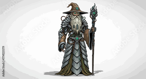 Illustration of a steampunk wizard holding staff with fantasy armor and long beard. Steampunk wizard standing, wearing armored robe, and ornate hat, perfect for fantasy settings,