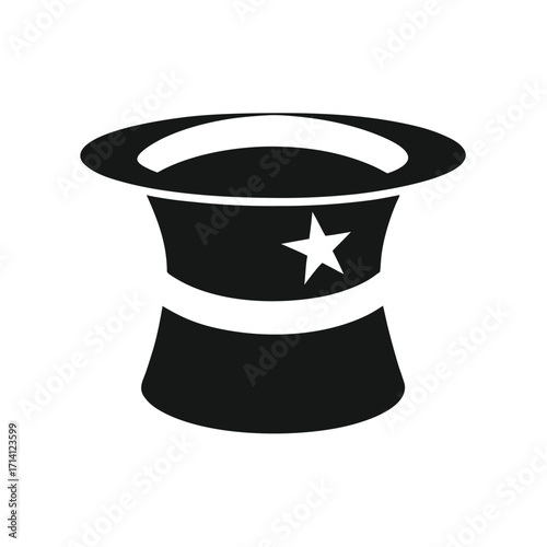 Black top hat with a white band and a white star on the side on a white background black hat formal hat