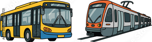 Illustration of a yellow bus and an orange and gray train side by side
