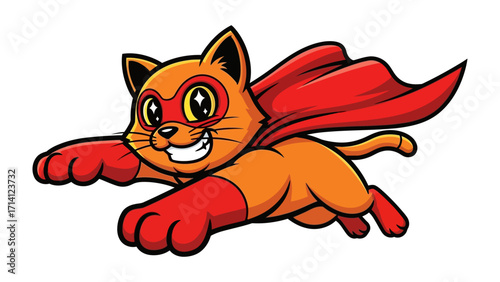 Super Cat: A charming illustration of a heroic cat in a vibrant costume, soaring through the air, embodying courage and whimsy