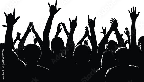 Concert crowd silhouette vector, raised hands illustration, music event energy, party celebration artwork for festival, campaign, youth club, entertainment branding