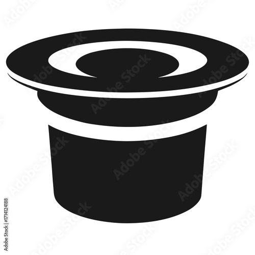 Black top hat with white rim and band on a white background Keywords: hat, top hat, black hat, formal hat, gentleman's hat, magic hat, magician's hat, accessory, headwear, fashion, style, classic
