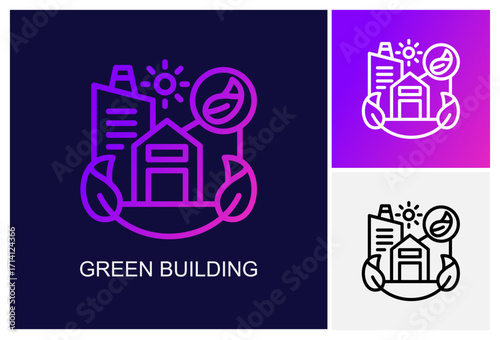 Green Building Icon.Style Is A Line Graphic Symbol In Black, Gradient, White Color Variants